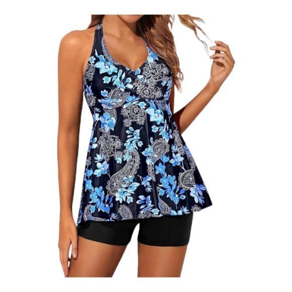 Halter Tankini Swimsuit Set Blue Black Flowy Twist Top Size Small NWT #6980